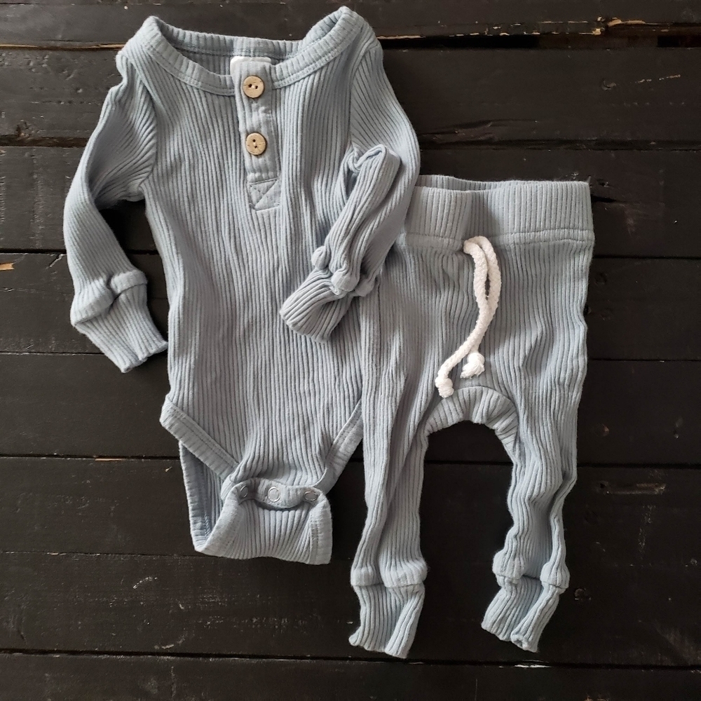 Little One Shop Baby Boy 3 Months Light Blue Ribbed Outfit Two Piece Top Pants
